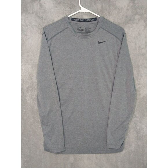 Nike Shirt Mens Medium Gray Pro Combat Dri Fit Fitted Long Sleeve Crew Neck - Picture 1 of 6